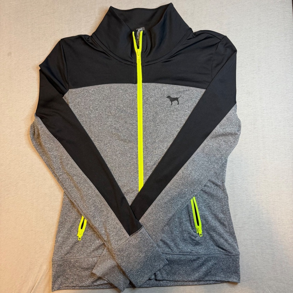 Victoria's Secret PINK Ultimate Track Jacket Black Grey Neon Yellow Small